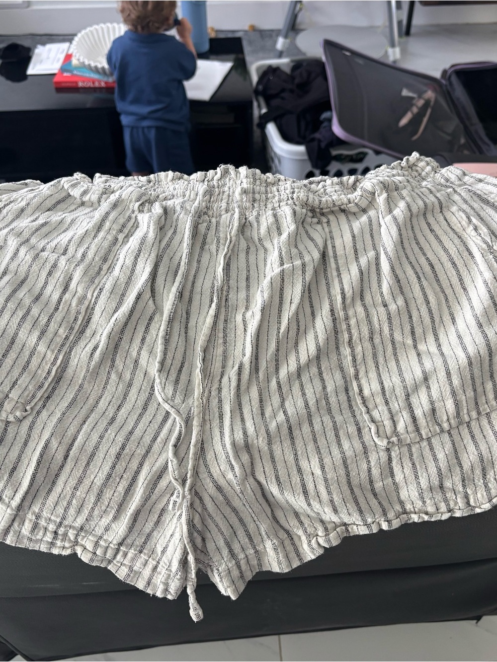 Time and Tru Cream and Black Striped High Waist Shorts